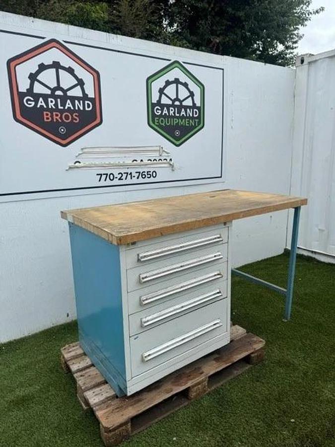Used Stanley Vidmar 60” x 30” Butcher Top Desk, 5-Drawer Cabinet 30” x 28” Cabinet