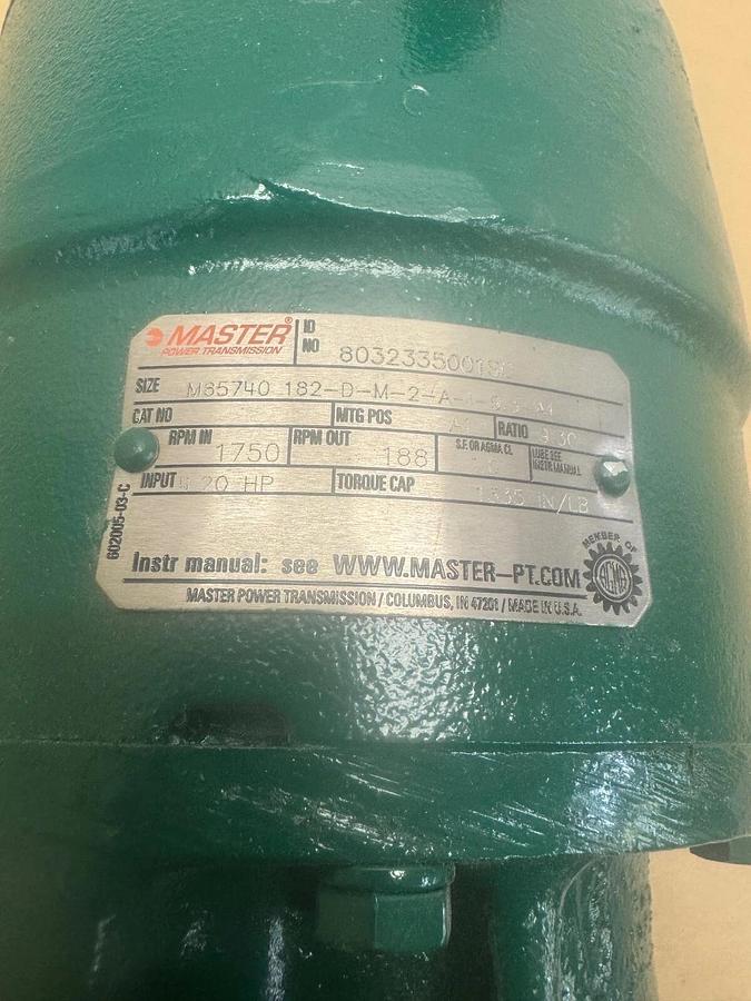 Used Master Power Transmission M85740 Reducer, 1750 RPM In/188 RPM Out, 4.20 HP