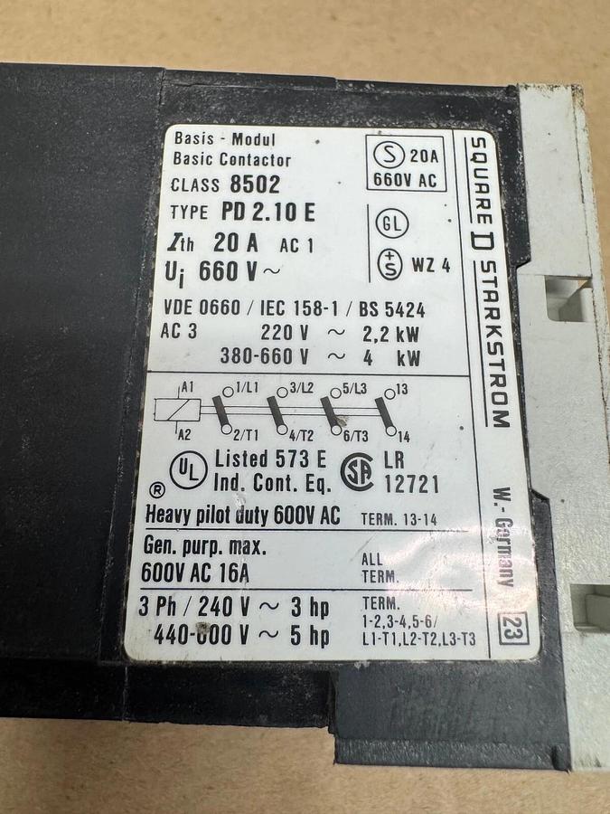 Used Square D 8502 PD2.10E Series B Contactor, 20 Amps, 380-660 V