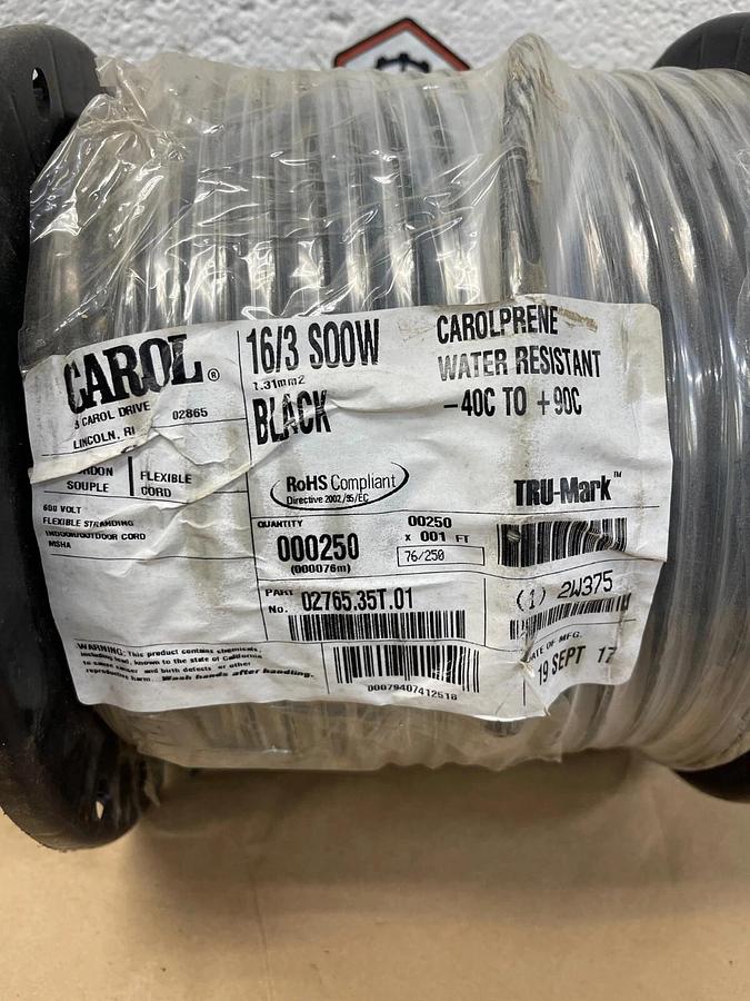 Used Carol 02765.35T.01 , 16/3 SOOW Cord, 250', 600 V, Water Resistant, -40° to 90°C