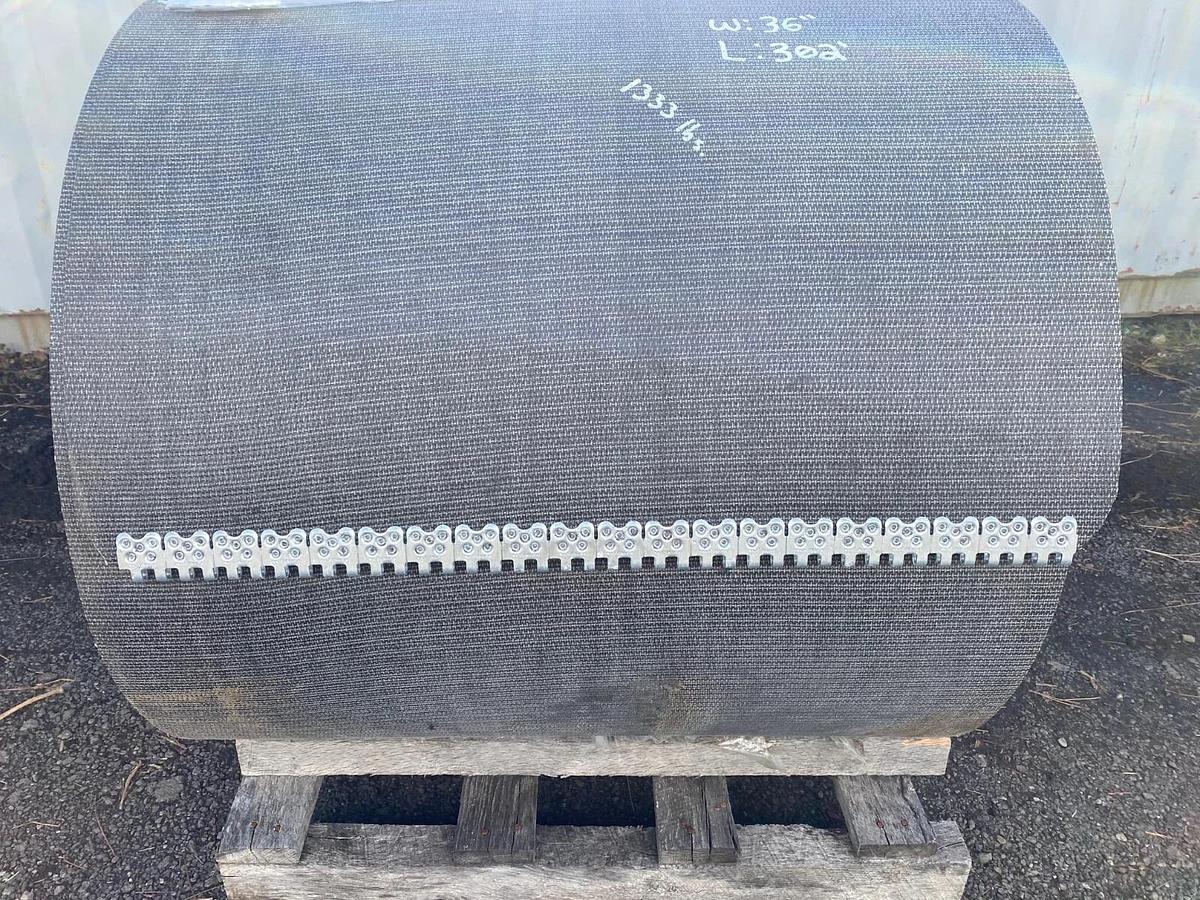 Used Conveyor Belt W: 36”, L: 205” Crescent Top with Lacing and Lacing Components