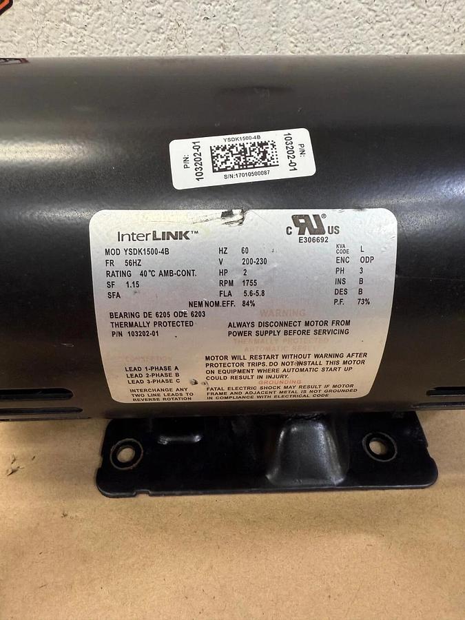 Used Interlink YSDK1500-4B Electric Motor, 2Hp, 1755 RPM, 200-230V, 60Hz, 56HZ Frame