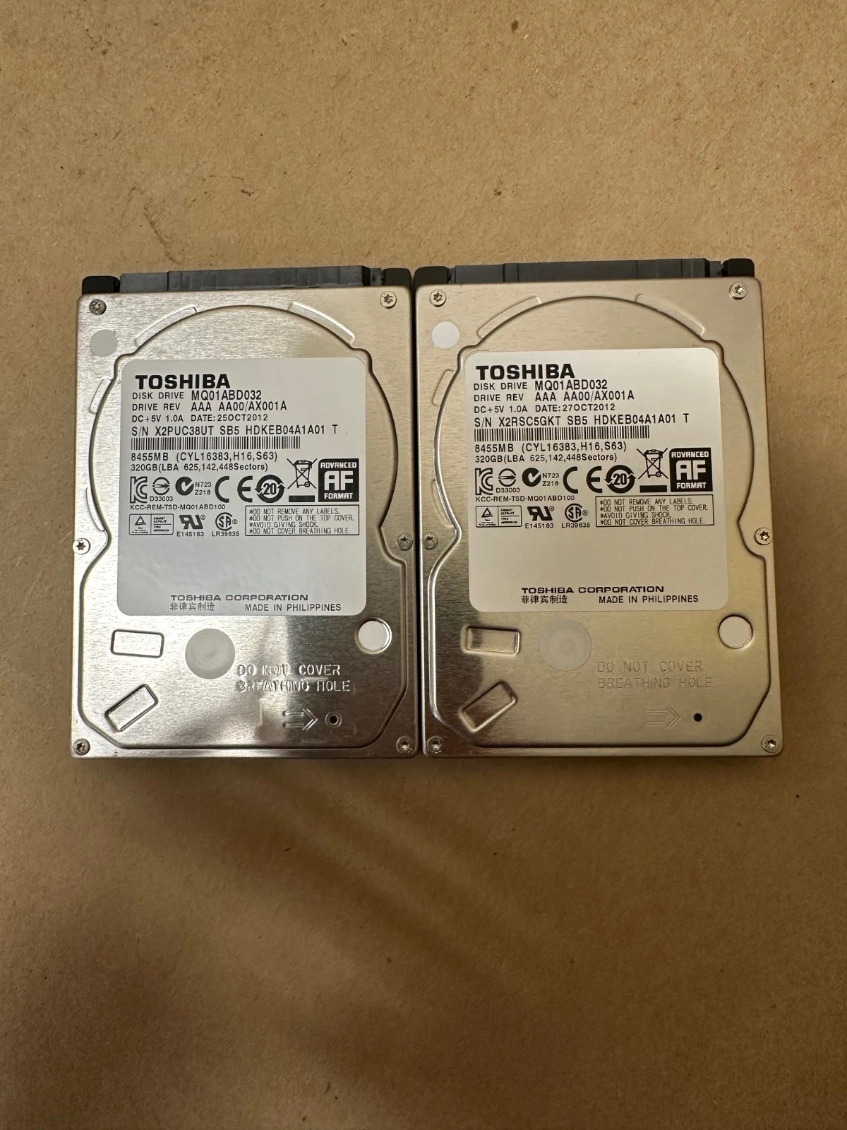 Used Toshiba MQ01ABD032 320GB SATA Hard Drive - Lot of 2