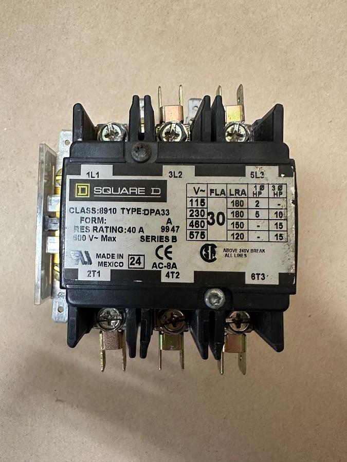 Used Square D 8910 DPA33 Contactor w/ Square D 9999 D10 Auxiliary Contact Block
