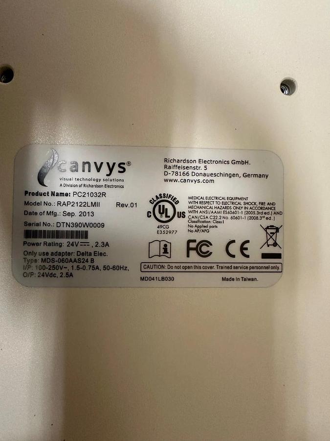 Used Canvys RAP2122LMII Medical Monitor, No Power Cord