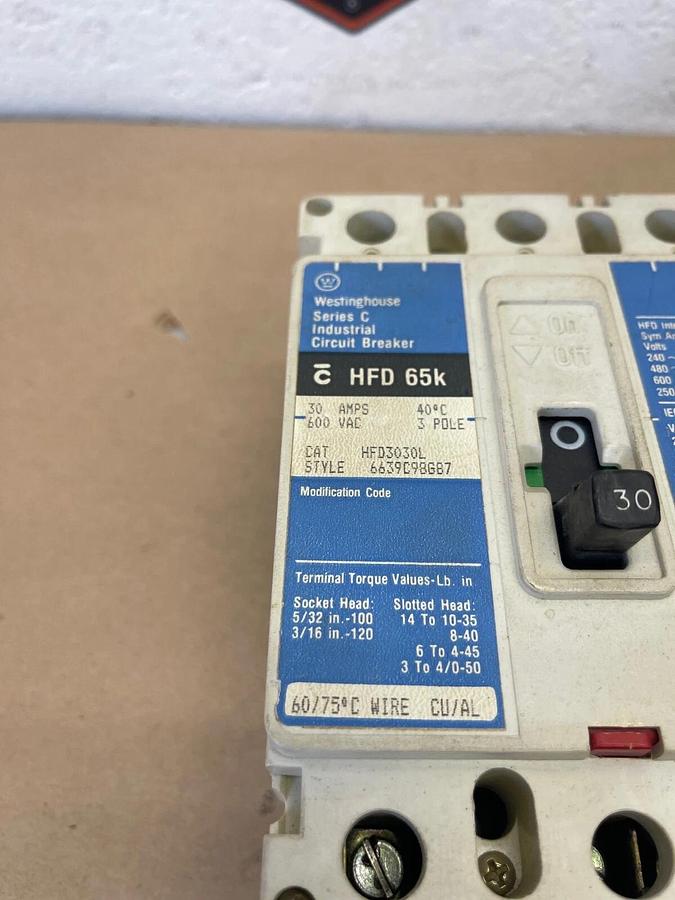 Used Westinghouse HFD3030L Industrial Circuit Breaker, Series C, 30A, 600 VAC, 3 Pole