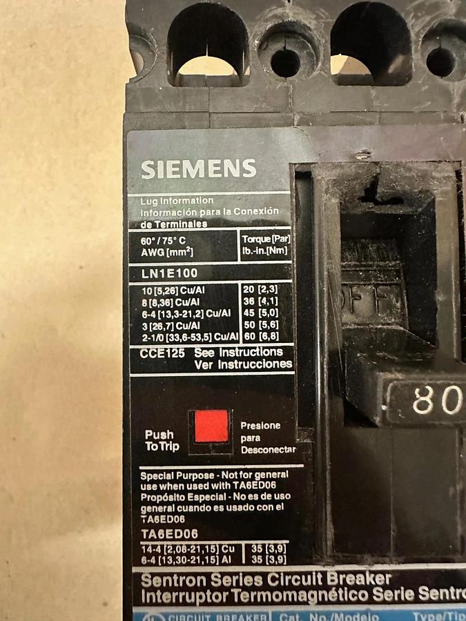 Used Siemens ED43B080 80A 3 Pole Circuit Breaker