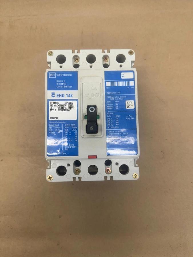 Used Cutler-Hammer EHD 14K Industrial Circuit Breaker, 15 A, 480 VAC, 3 Poles
