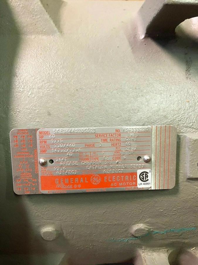 Used General Electric 5KE364AS205D23, 60HP, 1775 RPM, 364T Frame, Electric Motor