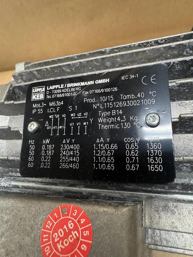 Used Liapple/Brinkmann 0.22 kW Electric Motor @ 1650 Rpm