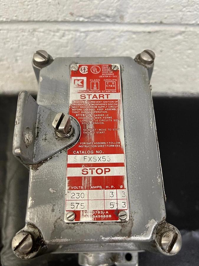 Used Killark FXSX53 Manual Motor Starter 230V-3HP 575V-5HP Explosion Proof, No Switch