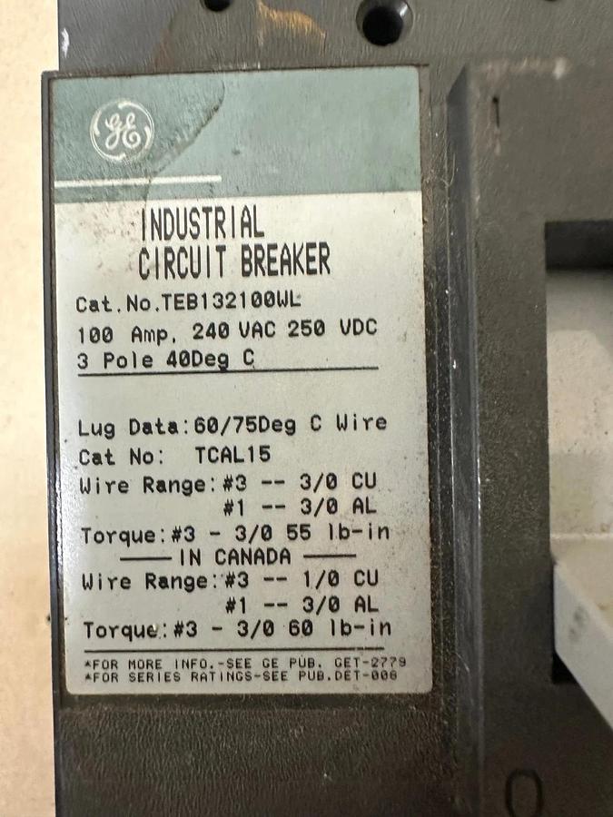 Used General Electric TEB132100WL 100A Industrial Circuit Breaker