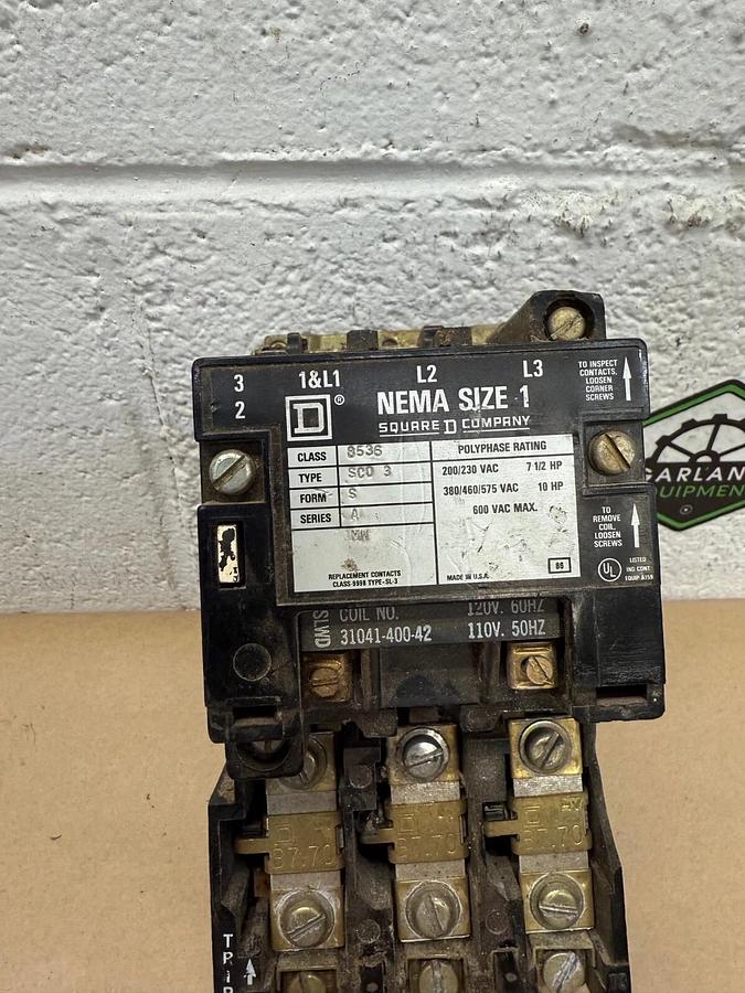 Used Square D 8536SCO3S Motor Starter, Series A, Nema Size 1, 600 VAC