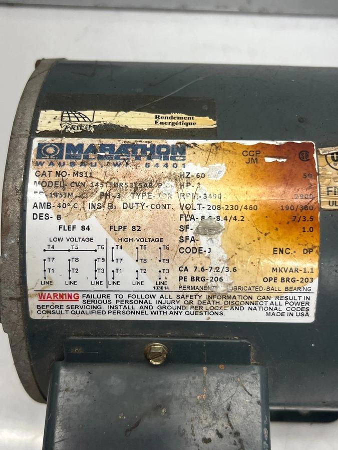 Used Marathon Electric CVN 145TTDR5315AB-P 3 Phase, 3 HP, 60Hz Motor