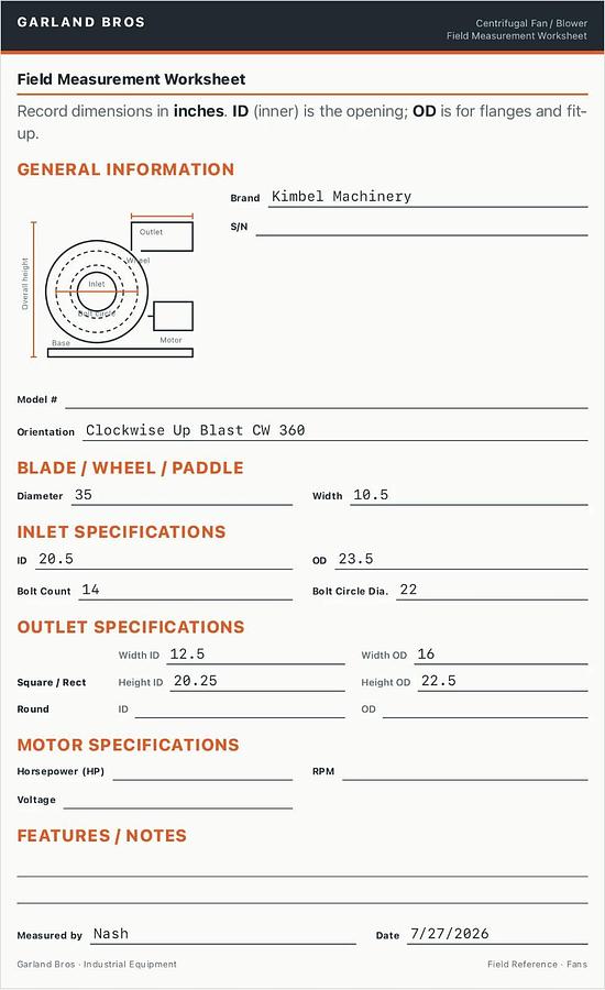 Used Kimbel Machinery Clockwise Up Blast CW 360 Fan