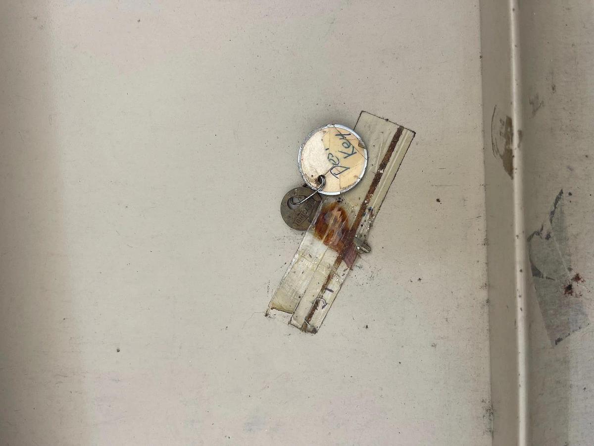 Used Vintage Tank Desk, 5 Drawer, Beige Frame, Metal, Top Length: 60”, Top Width: 30”