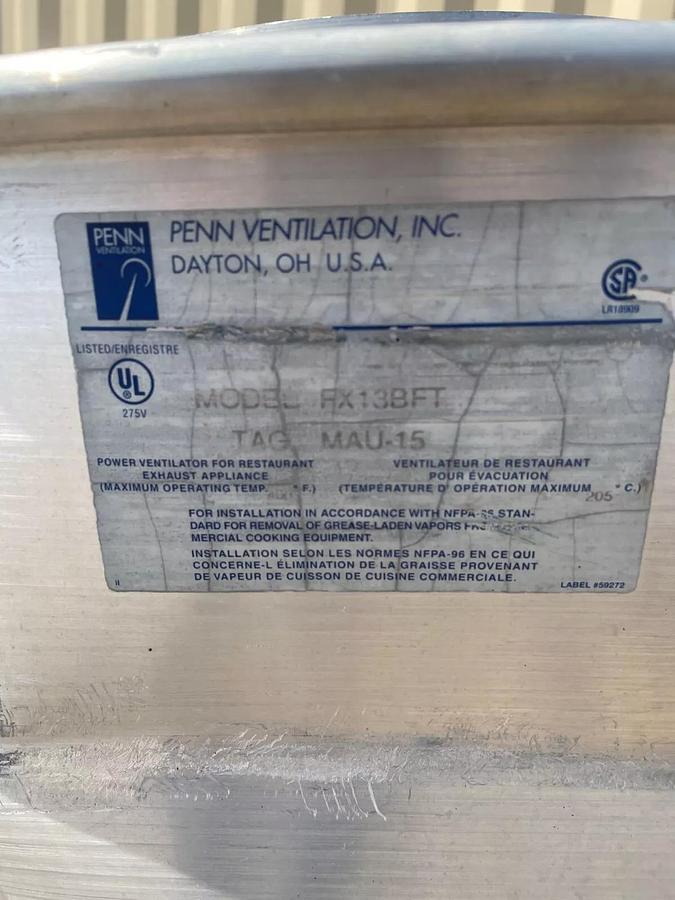 Used Penn Ventilation FX13BFT Centrifugal Upblast Roof Exhauster