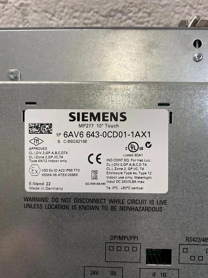 Used Siemens 6AV6643-0CD01-1AX1, MP277 10” Touch Simatic Multi Panel