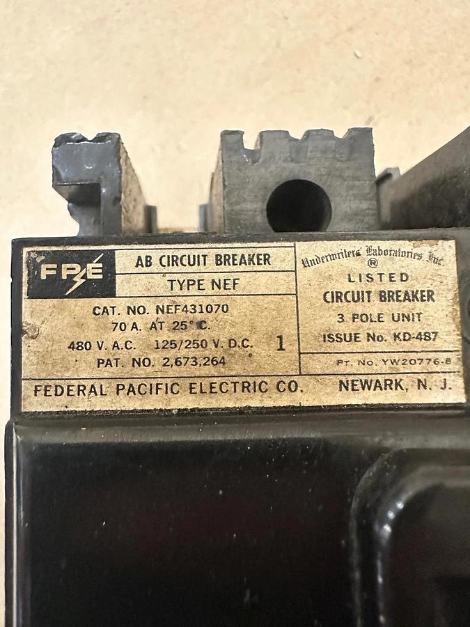 Used Federal Pacific Electric Company NEF431070 70A 3 Pole Circuit Breaker
