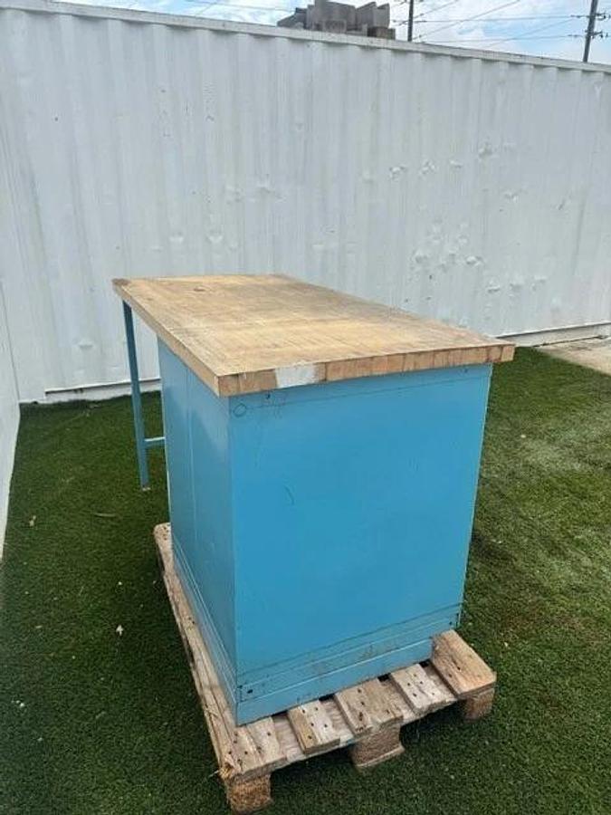 Used Stanley Vidmar 60” x 30” Butcher Top Desk, 5-Drawer Cabinet 30” x 28” Cabinet