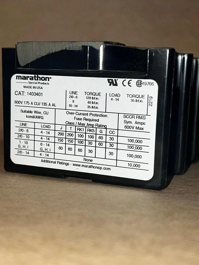 New - open box Marathon 1403401 Terminal Block 3 Pole 600V 175A *NEW*