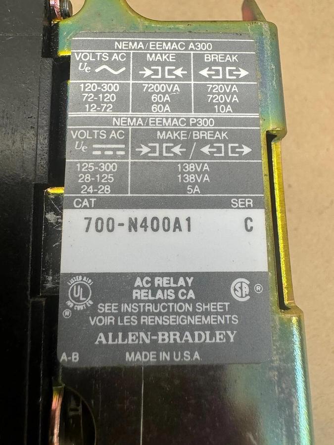 Used Allen Bradley 700-N400A1 AC Relay, Series C