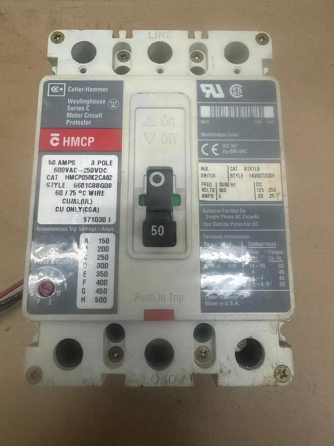 Used Cutler-Hammer HMCP050K2CA02 Industrial Circuit Breaker, 50 A, 600 V, 3 Pole