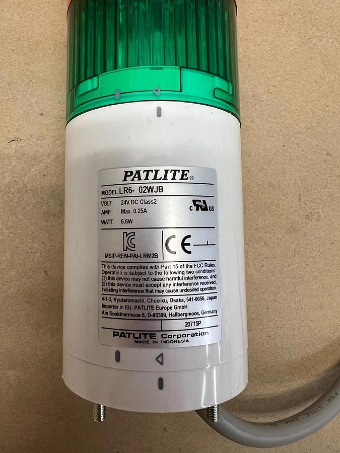 Used Patlite LR6-02WJB 24 VDC LED Tower Light (Green, Yellow, Red)