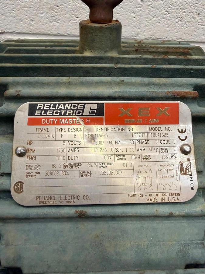 Used Reliance Electric P18G4162B 5Hp, 1750RPM, 230/460V, 3 Phase, L184TC Frame, 60Hz
