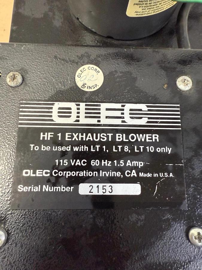 Used Olec HF 1 , Exhaust Blower, 110 VAC, 60 Hz, 1.5 A