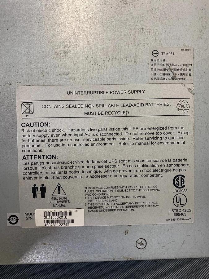 Used APC SUA1000RM1U Smart-Ups 4 Outlet Uninterruptible Power Supply