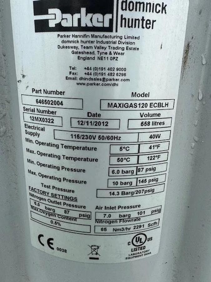 Used Parker Domnick Hunter MaxiGas120 ECBLH Nitrogen Gas Generator, Volume: 588 L