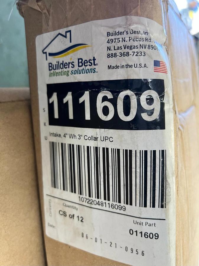 Used Builders Best 111609 Intake, 4” Wh 3” Collar (12 pcs included)