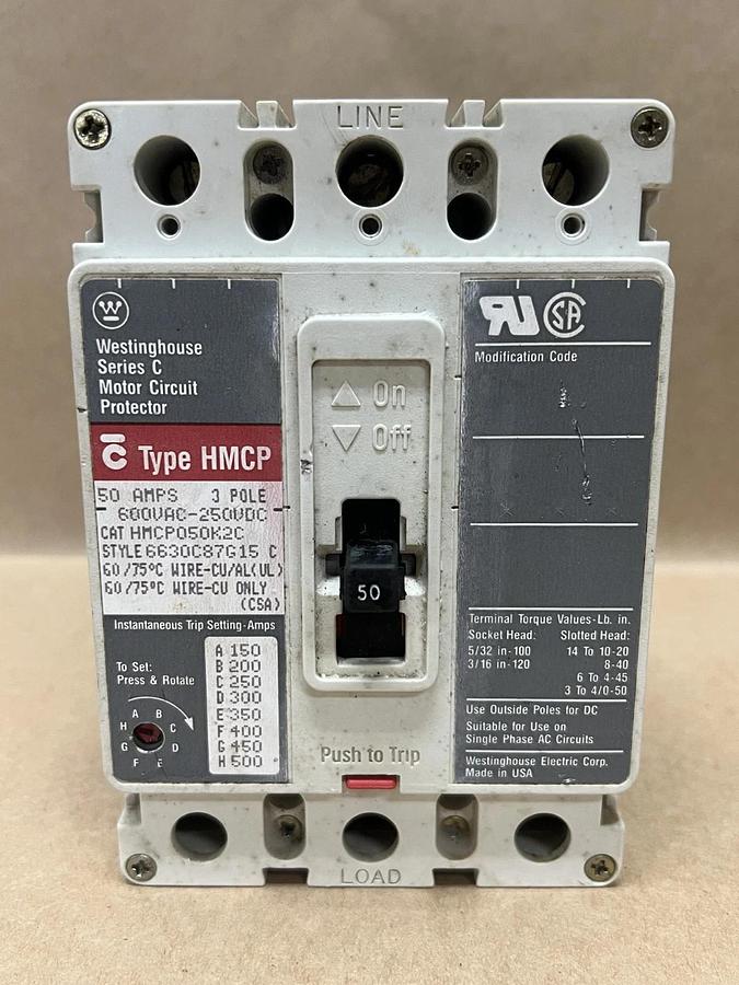 Used Westinghouse HMCP050K2C 50A, 3Pole, Ser C Motor Circuit Protector