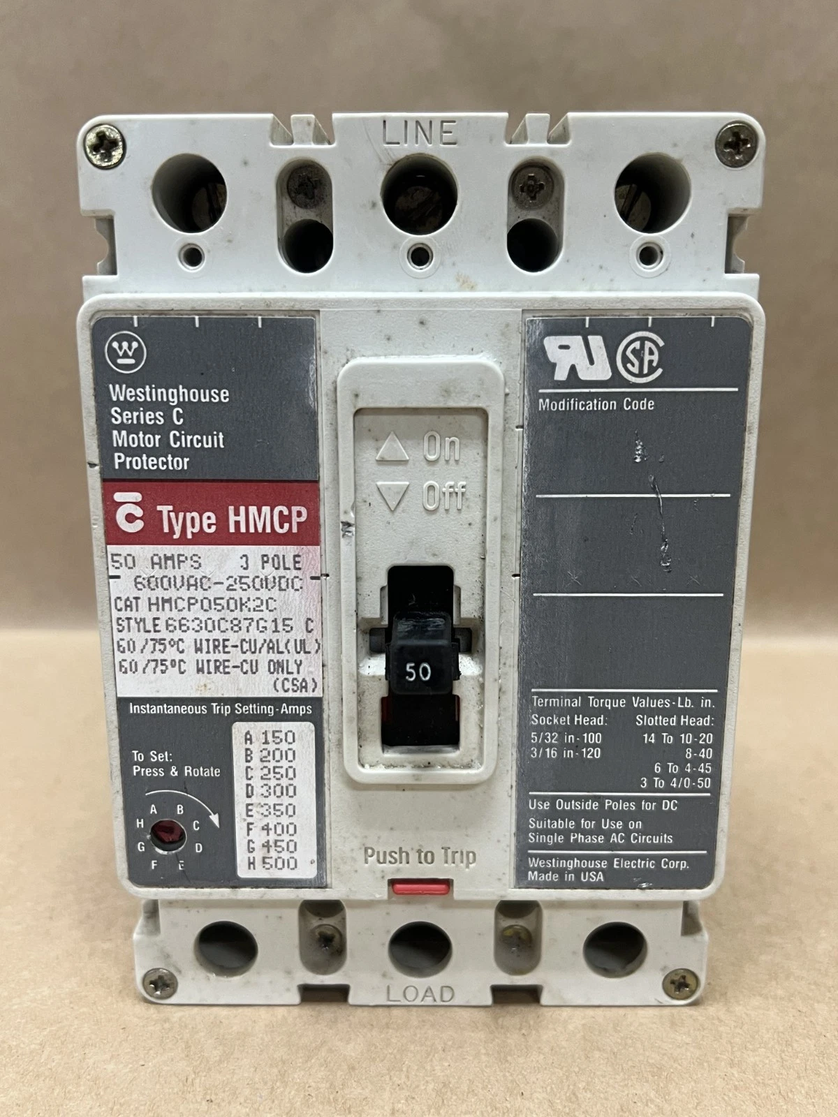 Used Westinghouse HMCP050K2C 50A, 3Pole, Ser C Motor Circuit Protector
