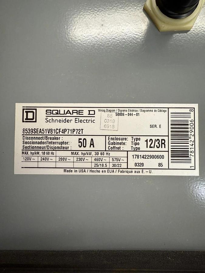 Used Square D 8539SEA51V81CF4P71P72T Combination Starter, Fusible Disconnect Breaker