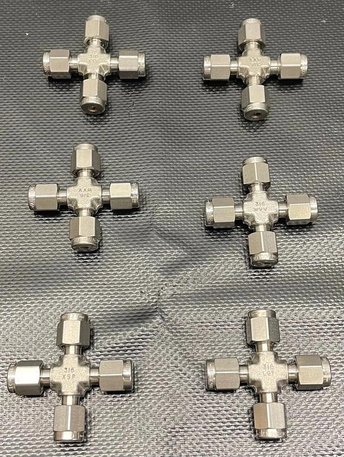 Used Swagelok S-600-4 Tube Filling Union Cross, 3/8” Tube OD (LOT of 6)