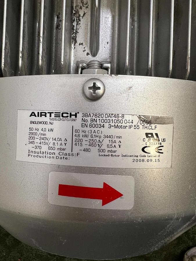 Used Airtech 3BA76200AT46-8 4.0KW/5.36HP Regenerative Blower, IP 55