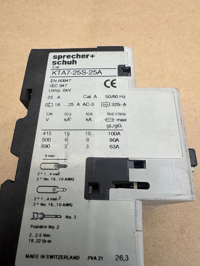 Used Sprecher + Schuh KTA7-25S-25A Manual Motor Protector