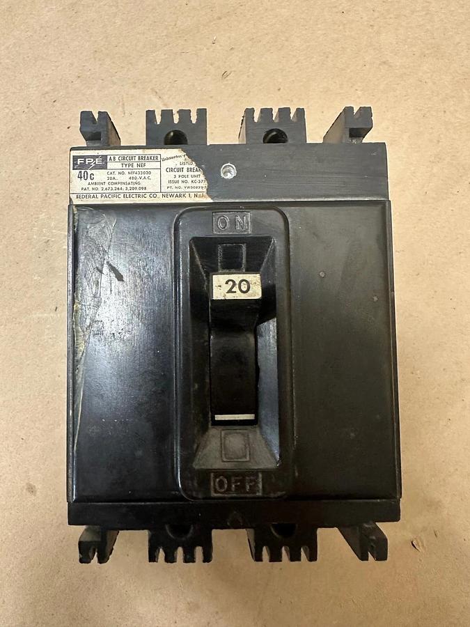 Used Federal Pacific Electric Company NEF433020 20A 3 Pole Circuit Breaker