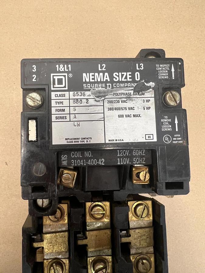 Used Square D SB0 2 Class 8536, Form S Starter, NEMA Size 0