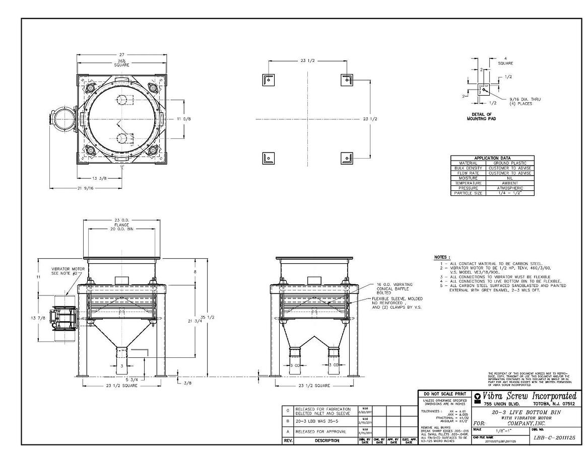 Used Vibra Screw Live Bottom Bin 20-3 with .50 HP motor