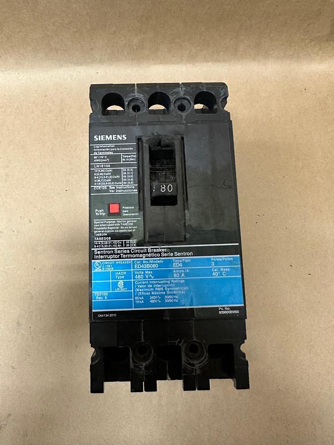 Used Siemens ED43B080 80A 3 Pole Circuit Breaker