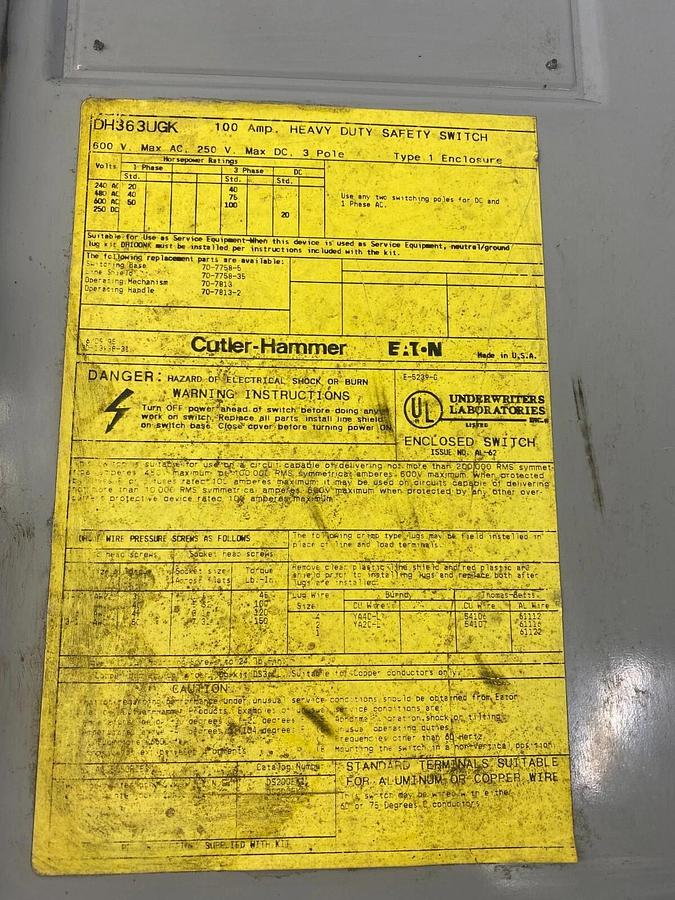 Used Cutler-Hammer DH36UGK 100 Amp Heavy Duty Safety Switch Type 1 Enclosure