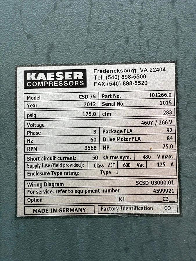 Used Kaeser CSC 75 Rotary Screw Air Compressor, 75Hp, CFM: 345, PSI: 125