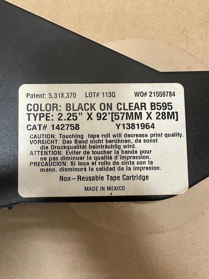 Used Brady B595 Black on Clear, 2.25” x 92’ Label Cartridge, Roughly 1/3 Left
