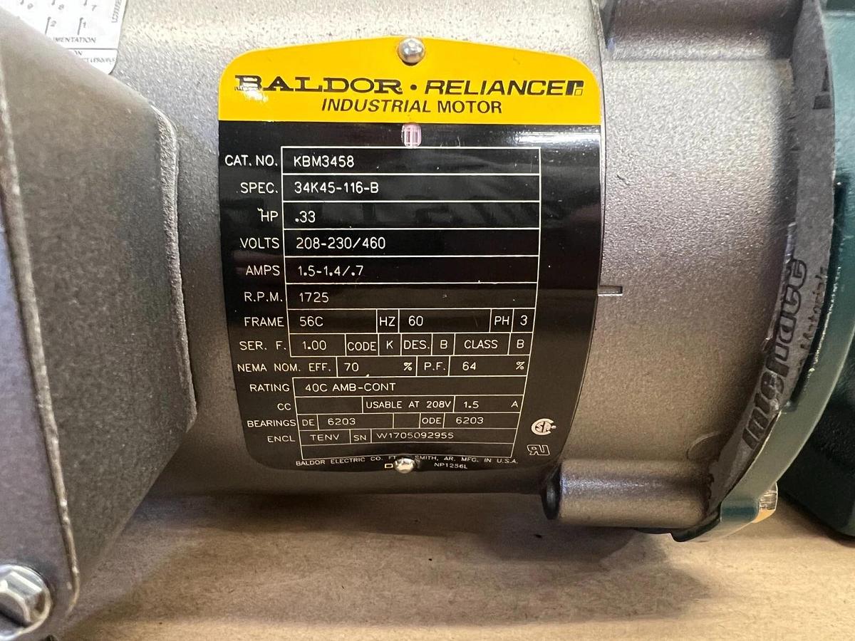 Used Baldor Reliance KBM3458 .33Hp 1725RPM 3Ph Ind Motor, Tigear 2 13Q10H56 Gearbox