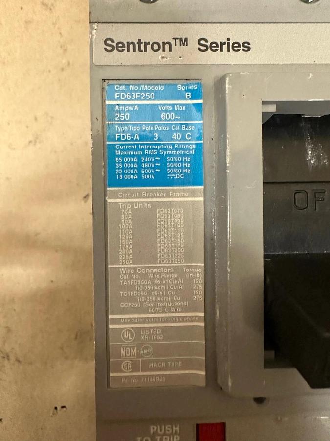 Used Siemens FD63F250 250A Circuit Breaker