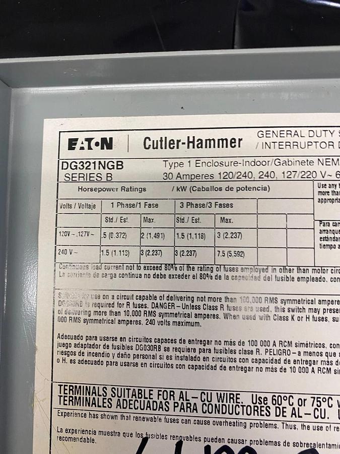 Used Cutler-Hammer DG321NGB Series B Type 1 Enclosure 30A 60Hz 240V Safety Switch