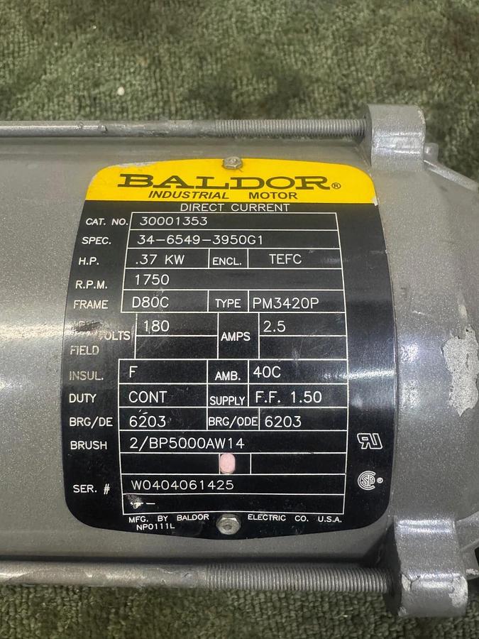 Used Baldor F-921G-50-80C-J Gearbox 50:1 Ratio, w/ Baldor .37 kW DC Motor @ 1750 RPM